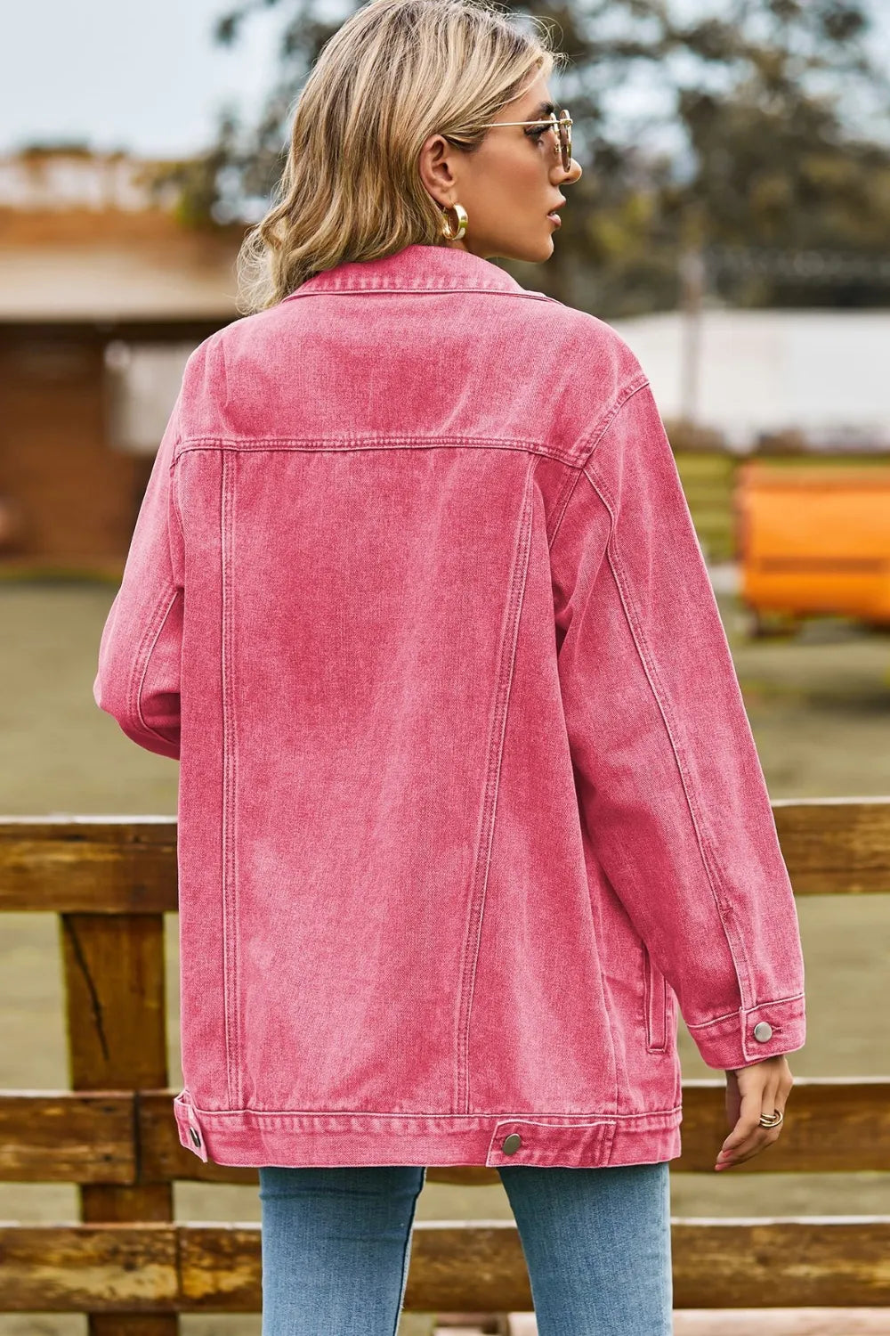 Buttoned Collared Neck Denim Jacket with Pockets - cas7m