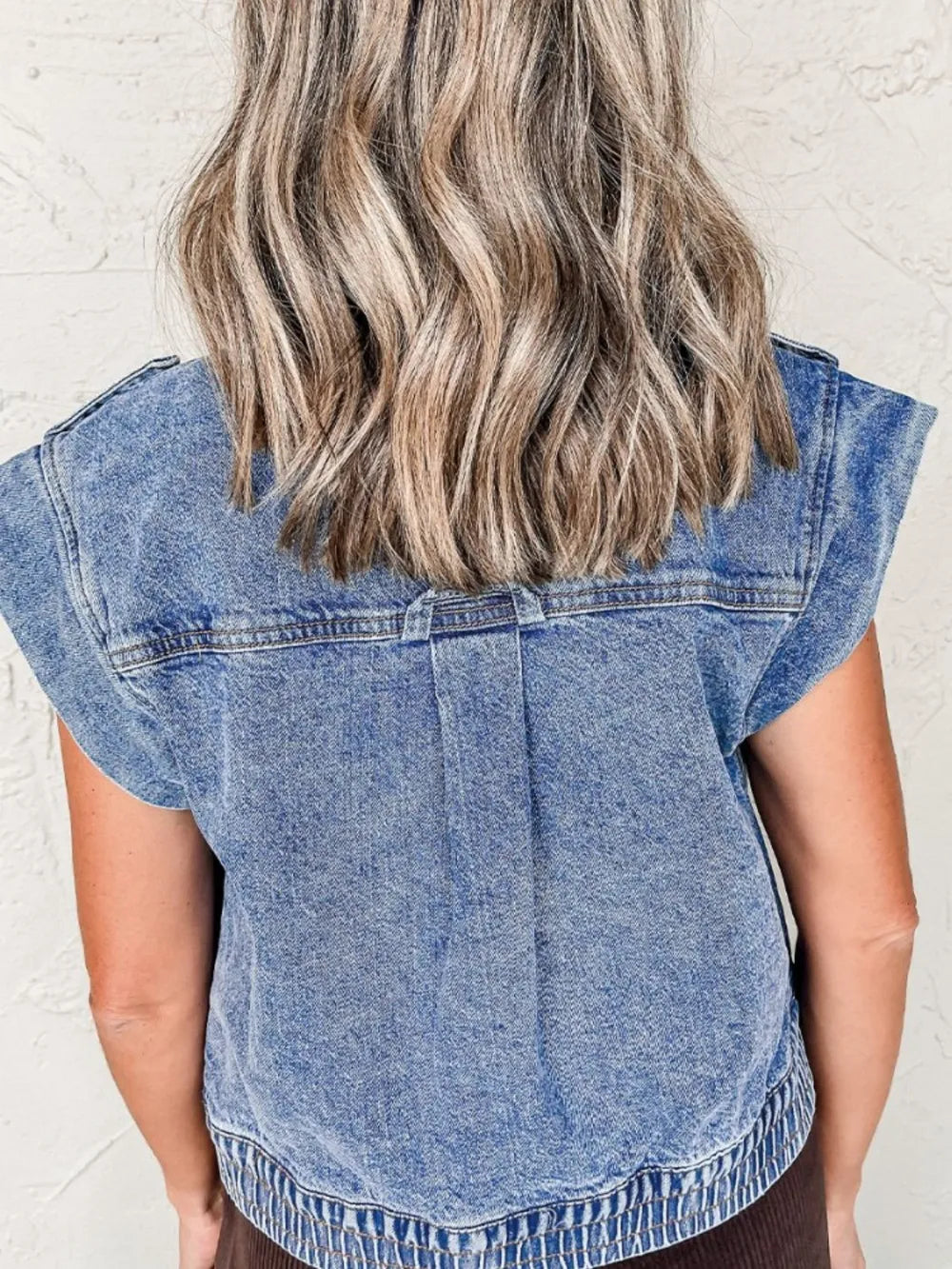Button Up Cap Sleeve Denim Jacket - cas7m