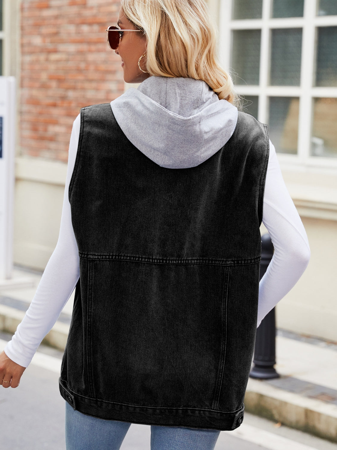 Drawstring Hooded Sleeveless Denim Jacket - cas7m