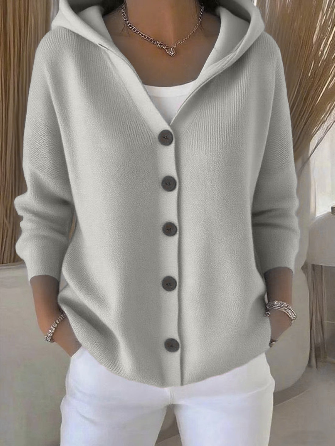 Ins Button Hooded Sweater Fashion Autumn And Winter Knitted Cardigan Casual Commuter Long Sleeve Top Women's Clothing - cas7m