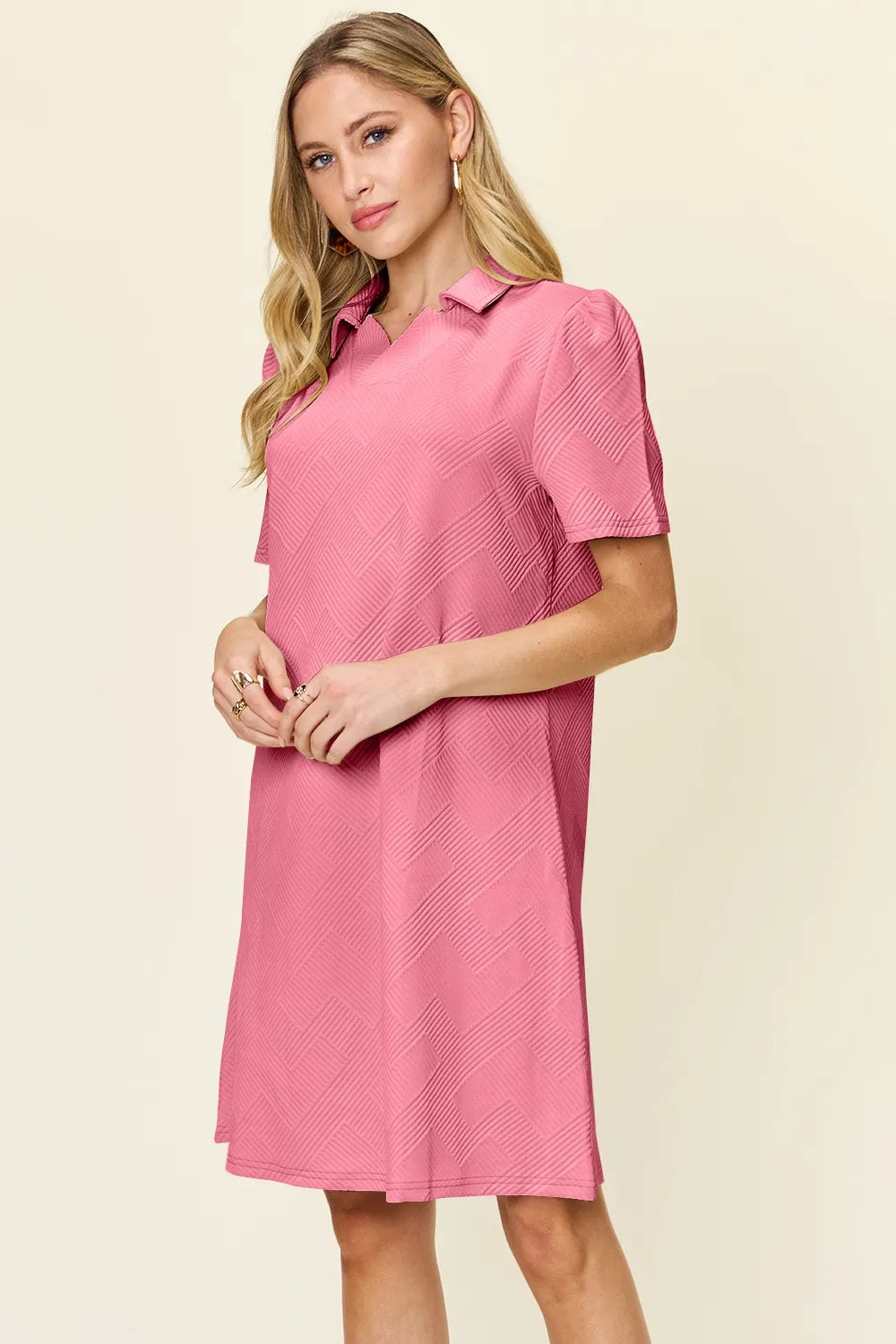 Double Take Full Size Texture Collared Neck Short Sleeve Dress - cas7m