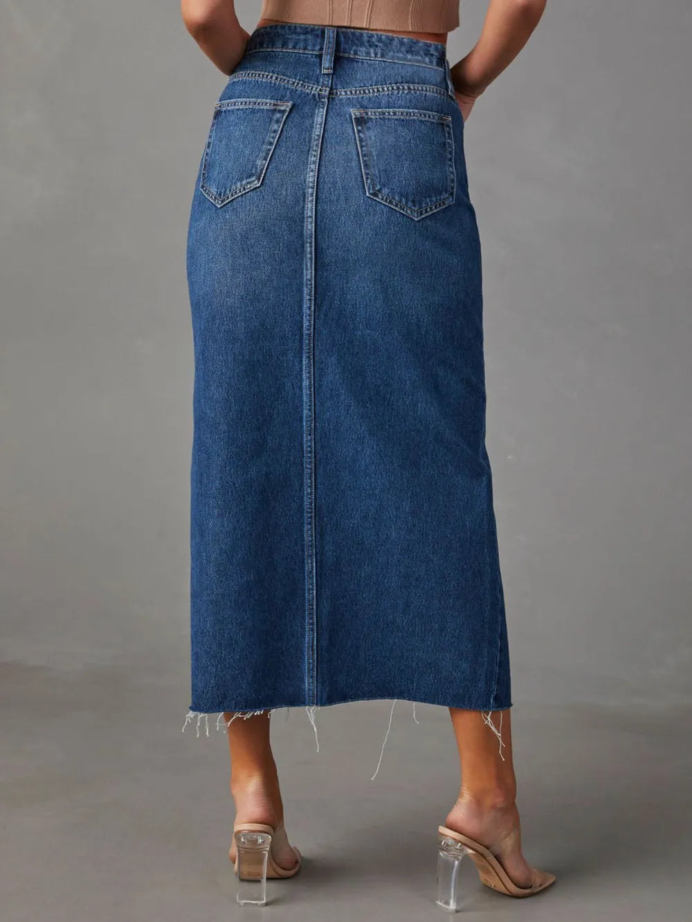Raw Hem Front Slit Denim Midi Skirt - cas7m