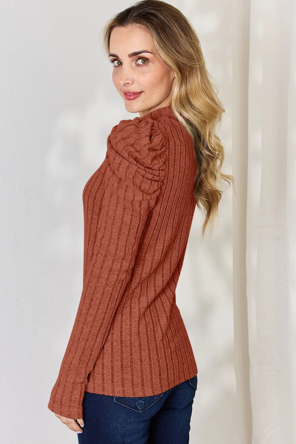 Basic Bae Full Size Ribbed Mock Neck Puff Sleeve T-Shirt - cas7m