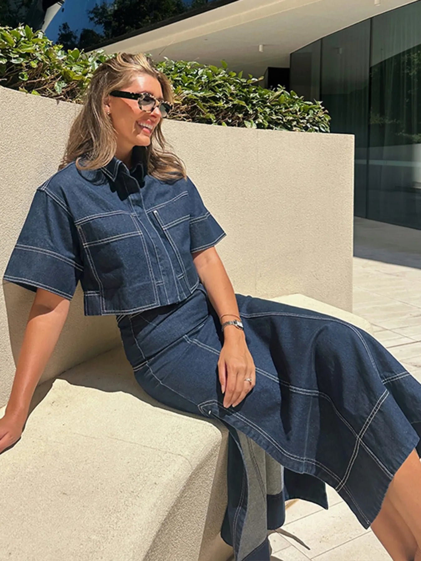 High-Waist Side Slit Contrast Stitch Denim Maxi Skirt - cas7m
