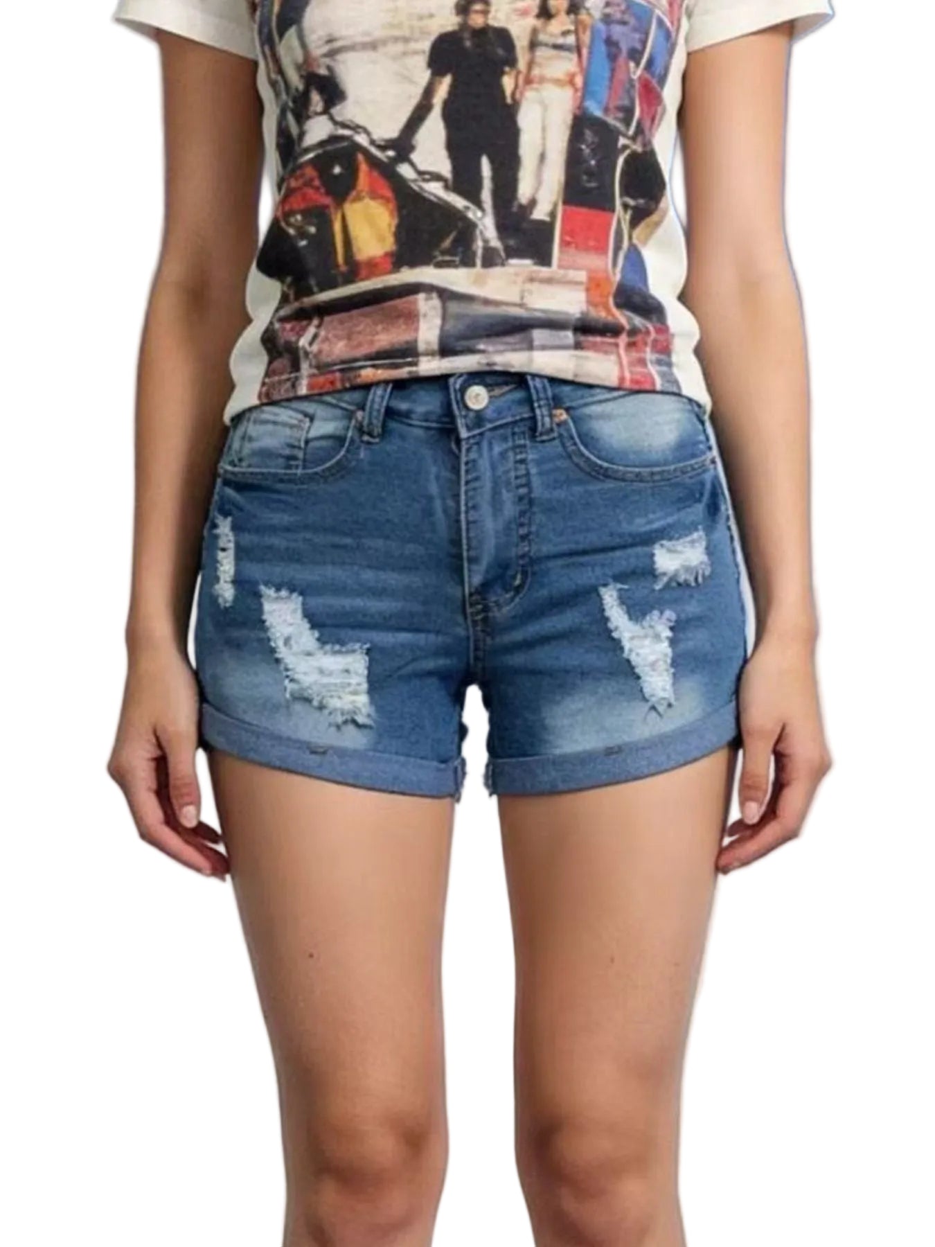 Distressed Wash Denim Shorts - cas7m