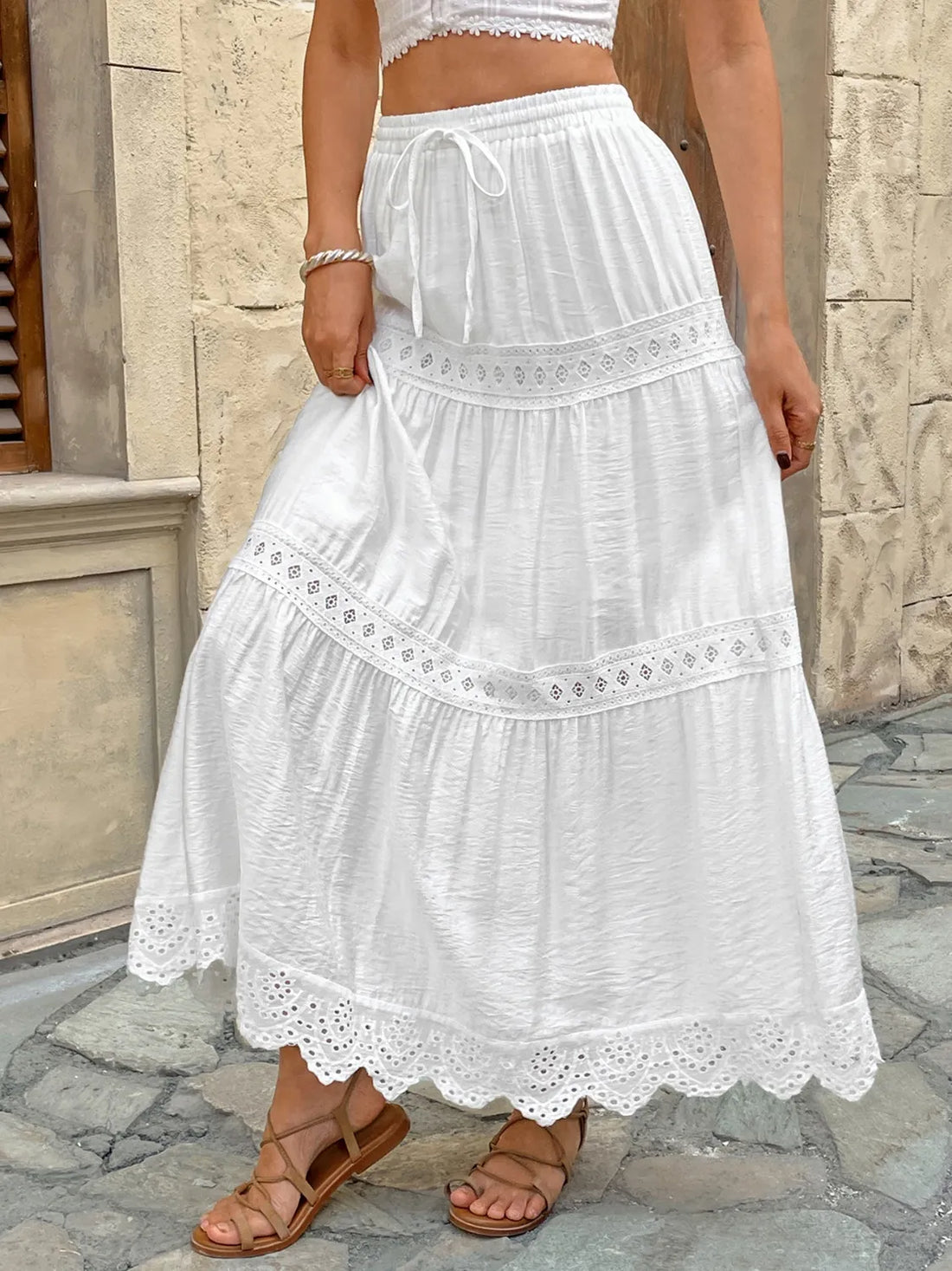 Lace Detail Elastic Waist Skirt - cas7m