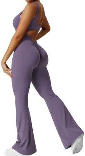 Women Sleeveless Flare Jumpsuits Fitness Yoga Long Pants - cas7m