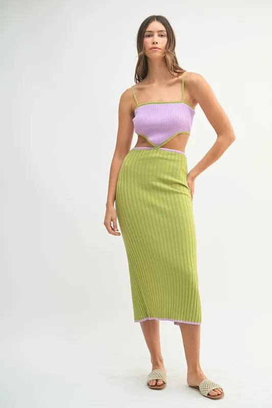 MABLE Ribbed Knit Color Block Cutout Midi Dress - cas7m