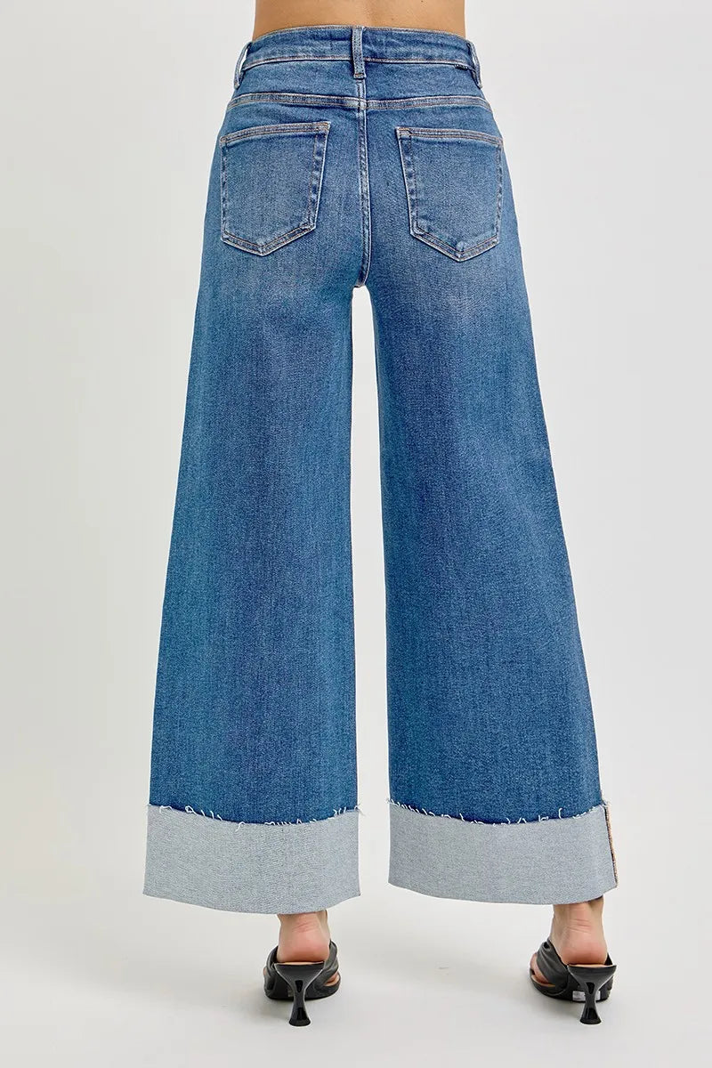 RISEN Full Size Tummy Control High Rise Crop Wide Cuffed Jeans Plus Size - cas7m