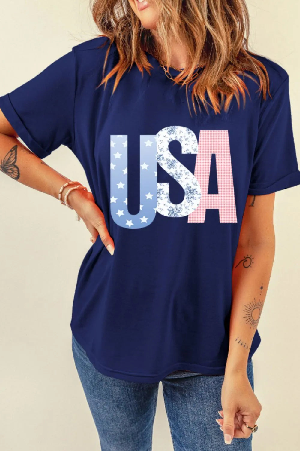USA Letter Round Neck T-Shirt - cas7m