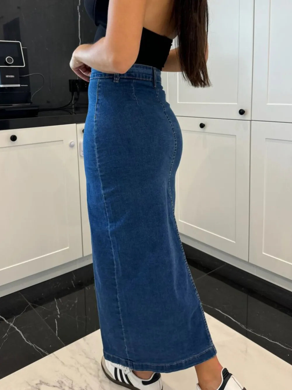 Front Button Slit Midi Denim Skirt - cas7m
