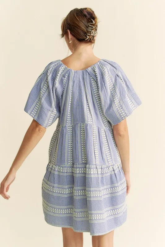 Davi & Dani Embroidered Stripe Ruffled Gingham Mini Dress - cas7m