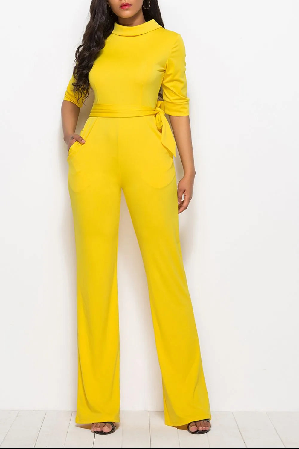 Mock Neck Tie-Waist Half Sleeve Jumpsuit - cas7m