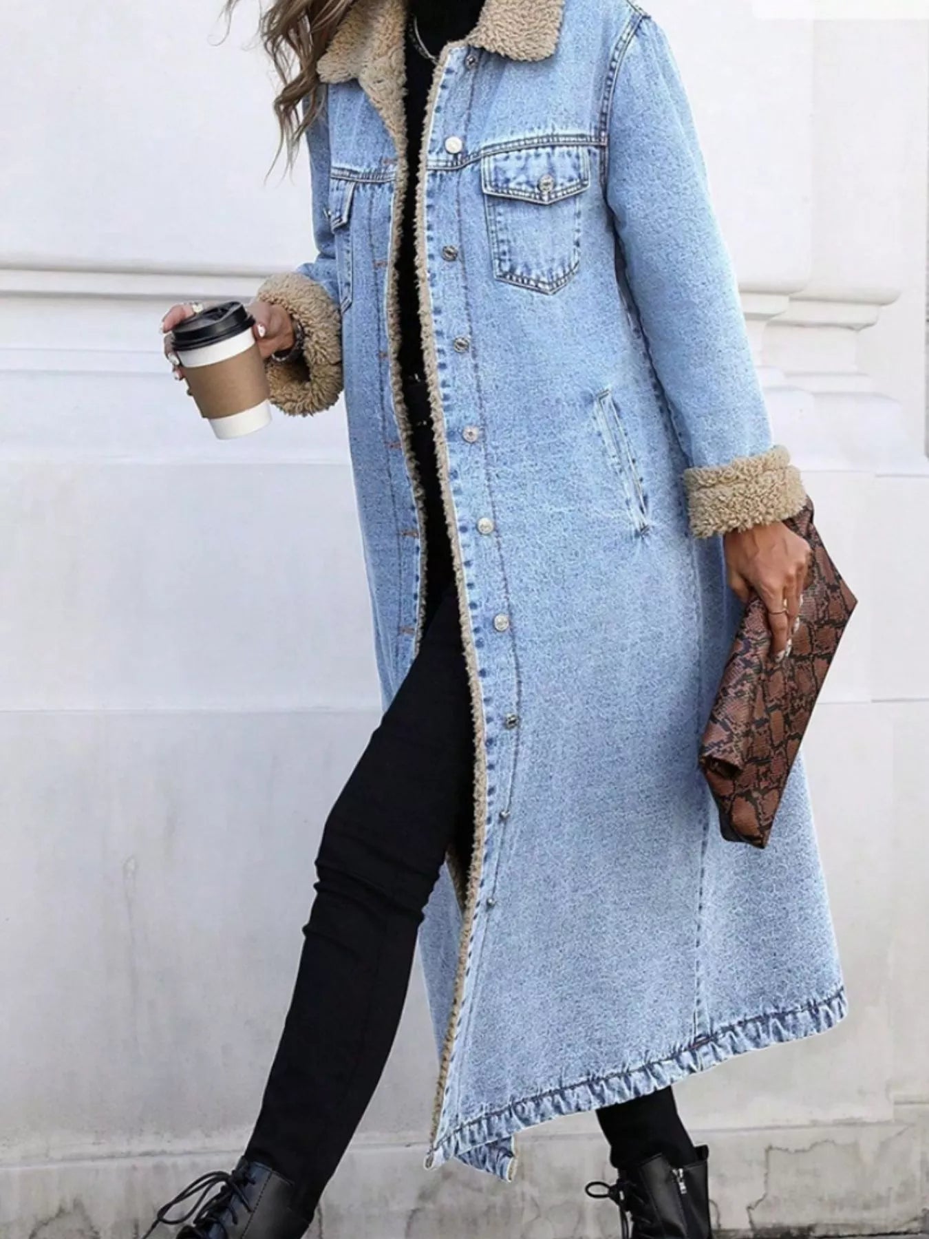 Sherpa Lined Longline Denim Jacket - cas7m