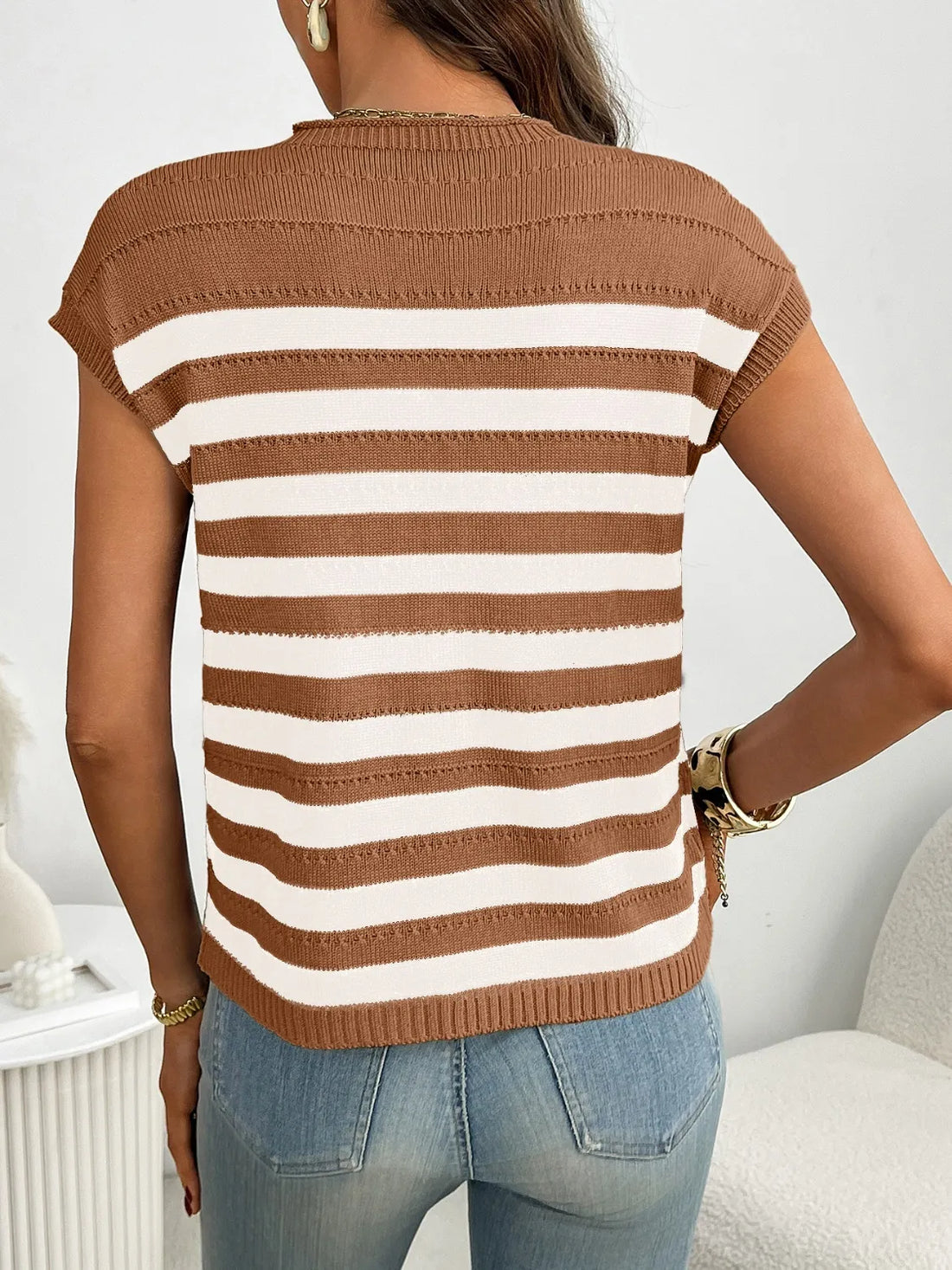 Striped Mock Neck Cap Sleeve Knit Top - cas7m