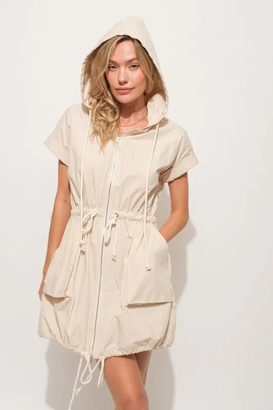 And The Why Short Sleeve String Details Hooded Mini Dress - cas7m