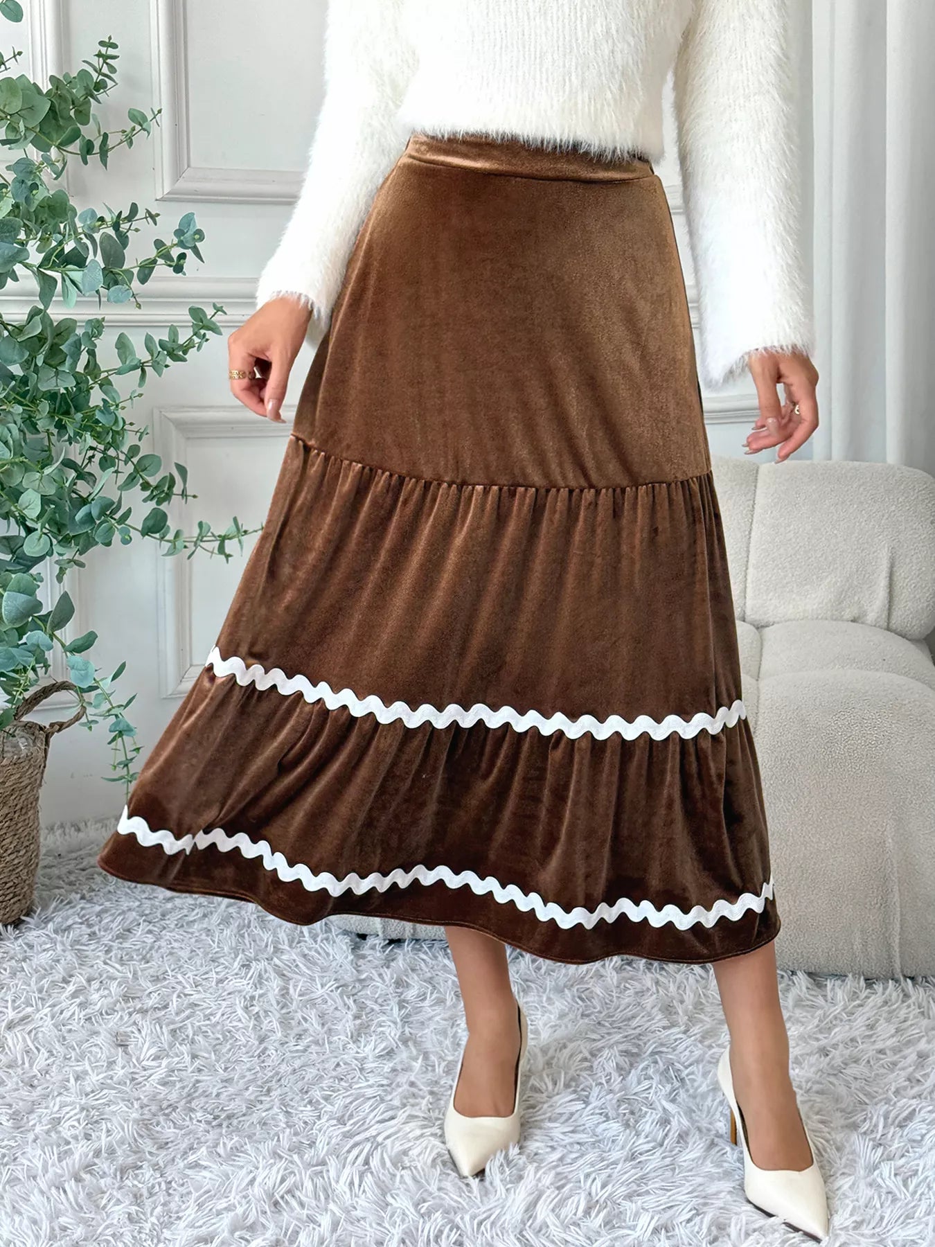 Velvet Tiered Midi Skirt - cas7m