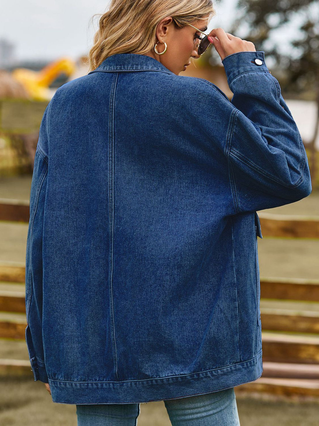 Dropped Shoulder Denim Jacket with Pockets - cas7m