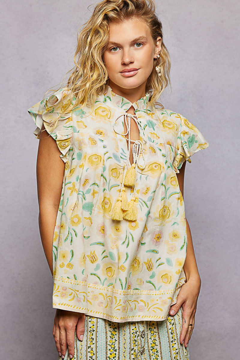 POL Tassel Tied Floral Flutter Sleeve Blouse - cas7m