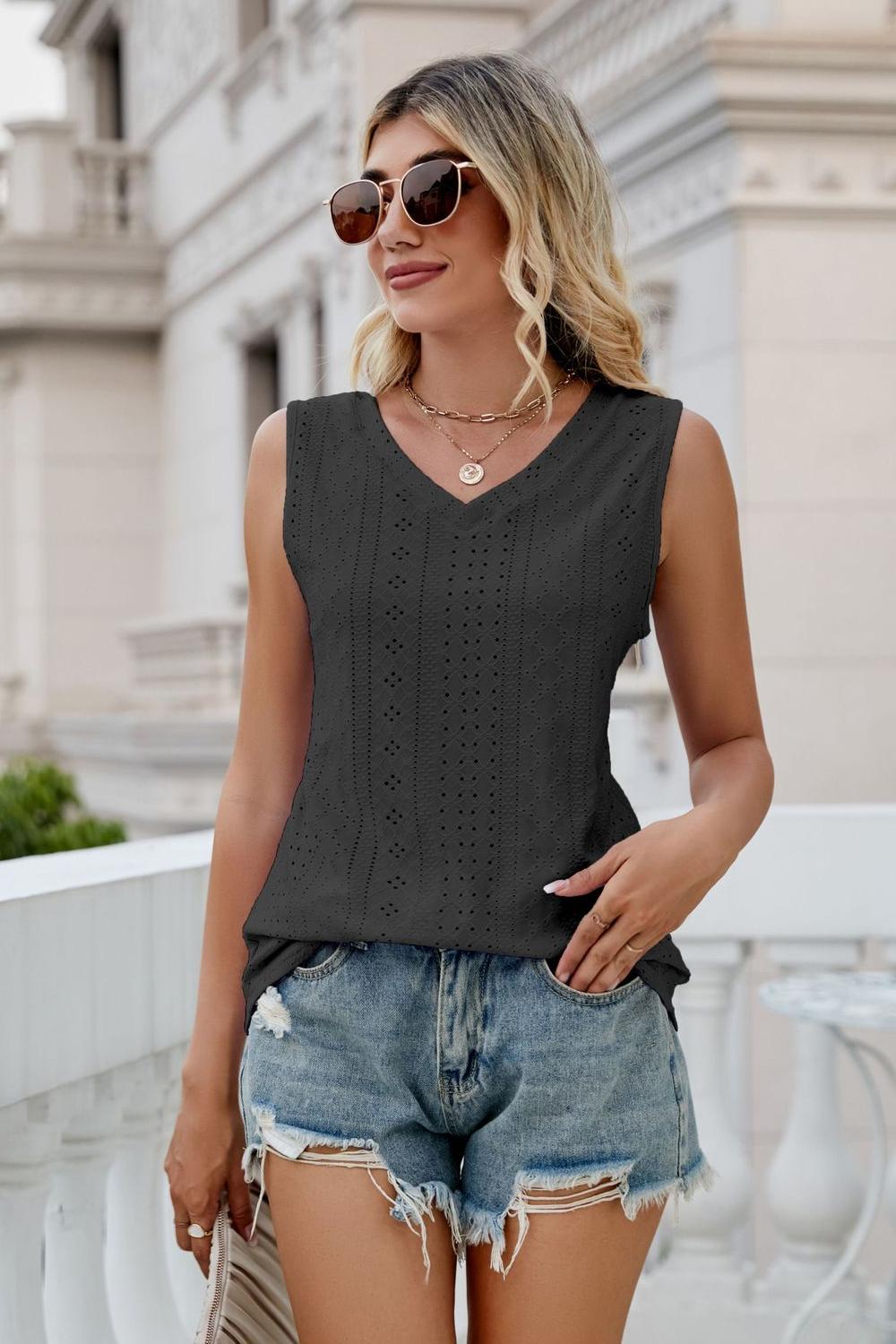 Eyelet V-Neck Tank - cas7m