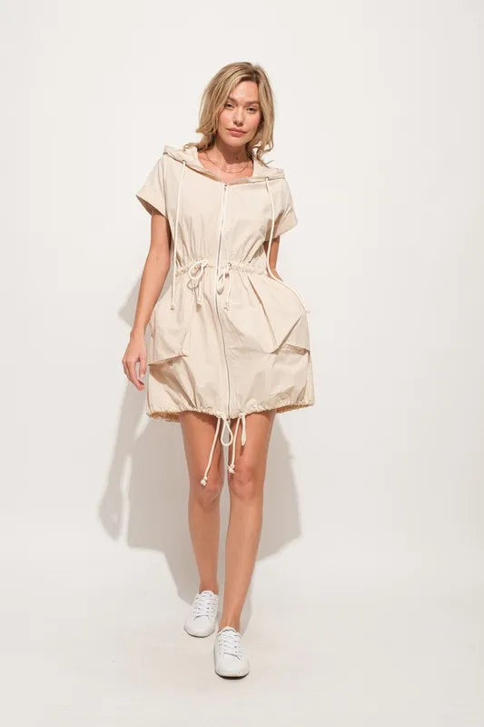And The Why Short Sleeve String Details Hooded Mini Dress - cas7m