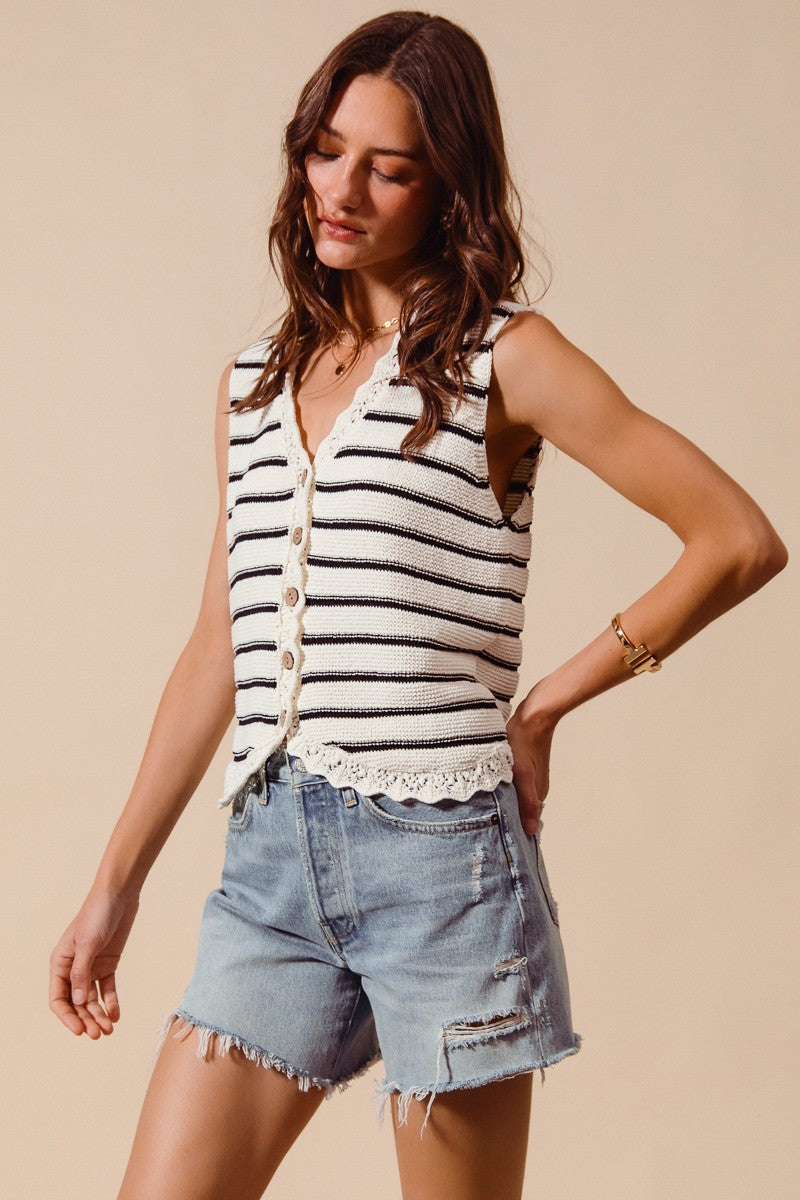 SO ME Buttoned Front Stripe Texture Knitted Sweater Vest - cas7m