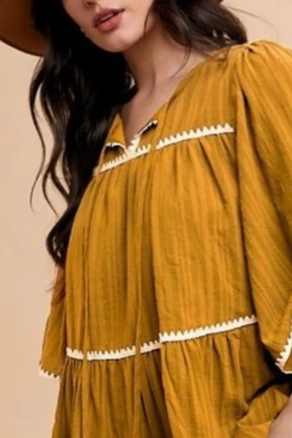 Annie Wear Tassel Contrast Trim Tie Neck Half Sleeve Tiered Dress - cas7m
