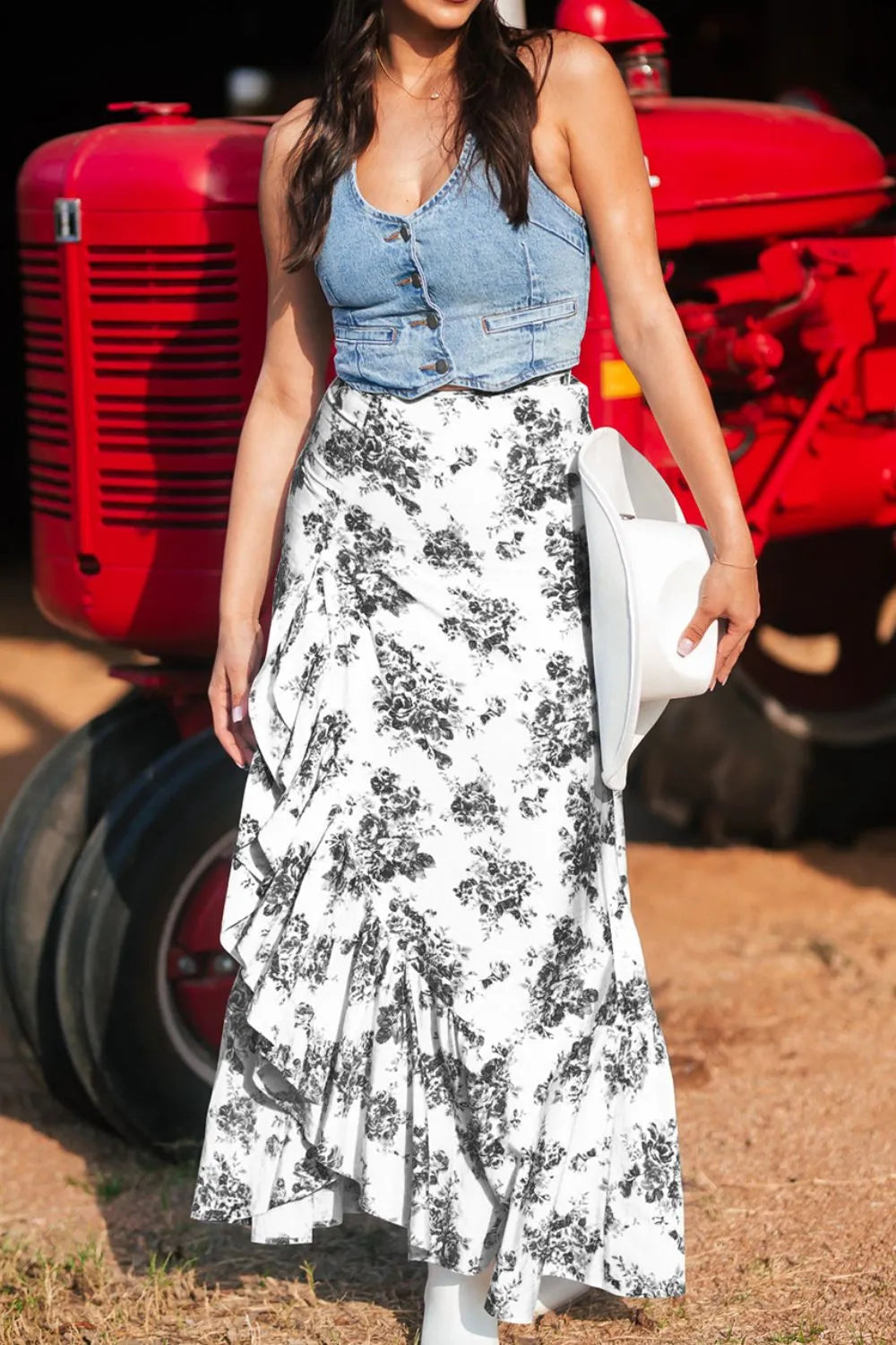 Boho Floral High Waist Ruffle Split Maxi Skirt - cas7m