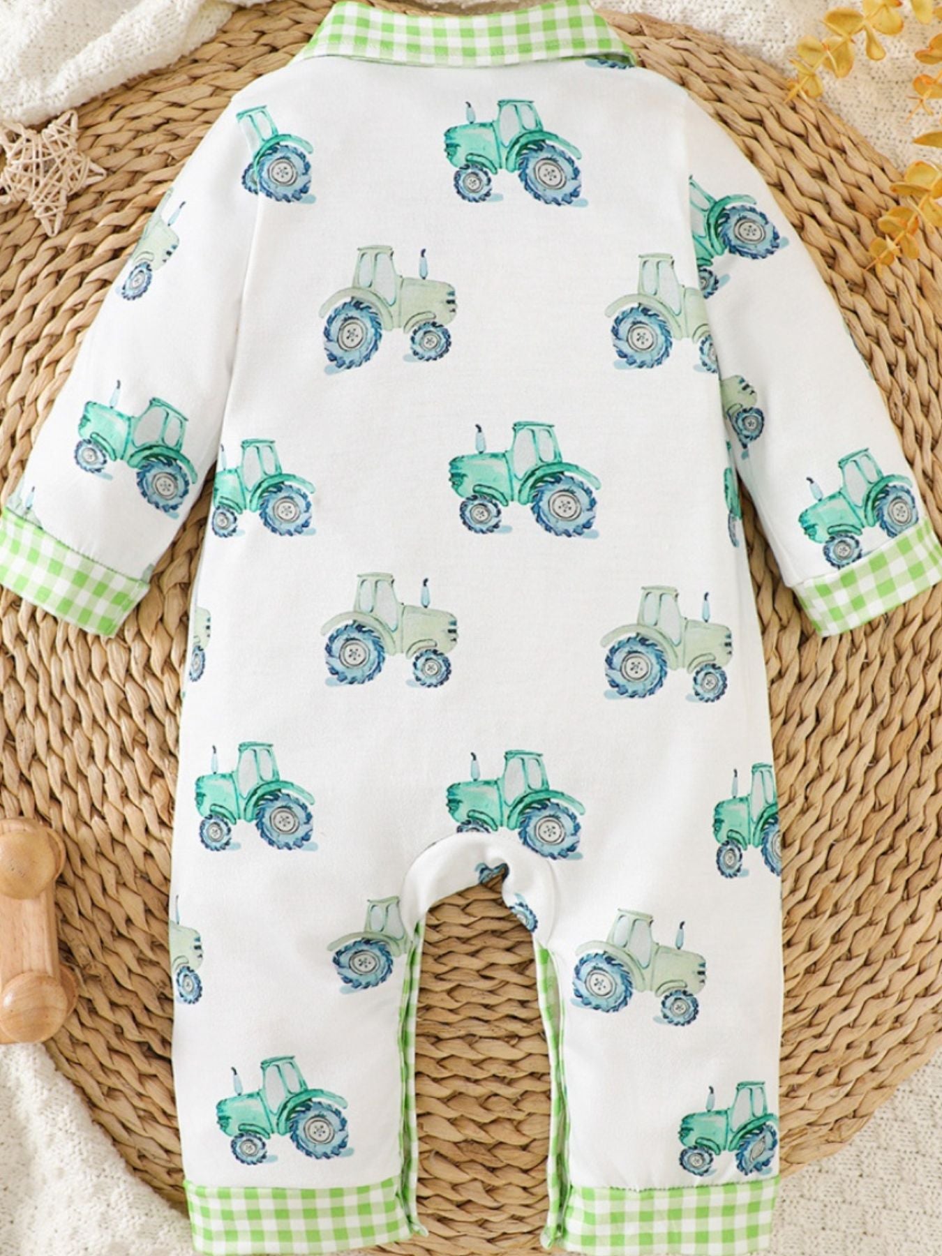 Children's Tractor Print Gingham Trim Baby One-Piece - cas7m