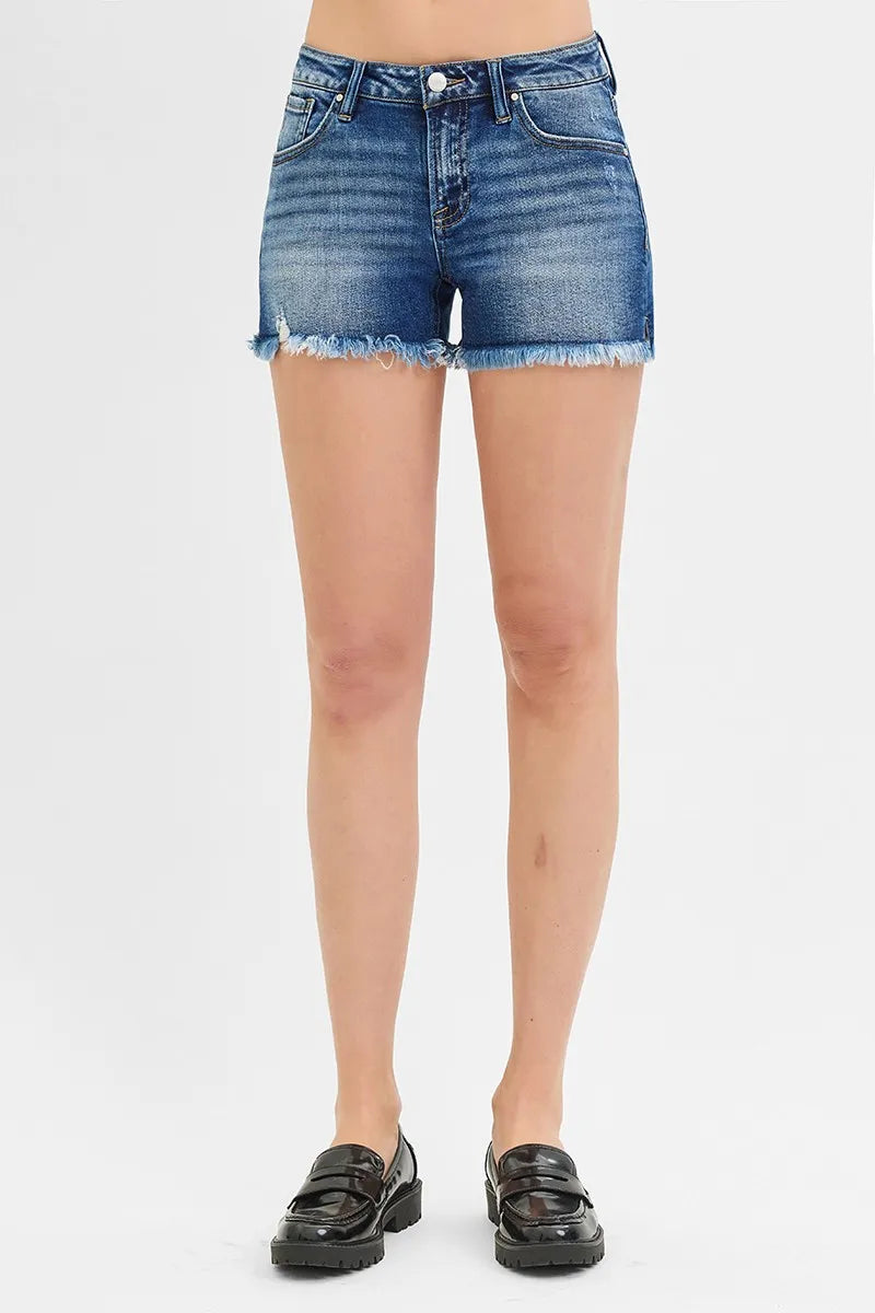 RISEN Full Size Low Rise Frayed Denim Shorts Plus Size - cas7m