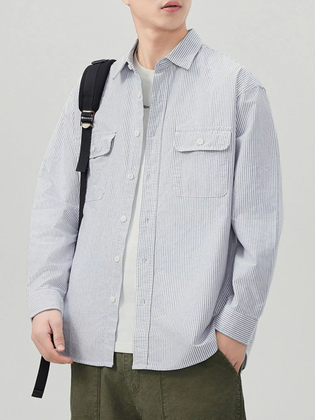 Men's Plus Size Striped Button Up Long Sleeve Shirt - cas7m