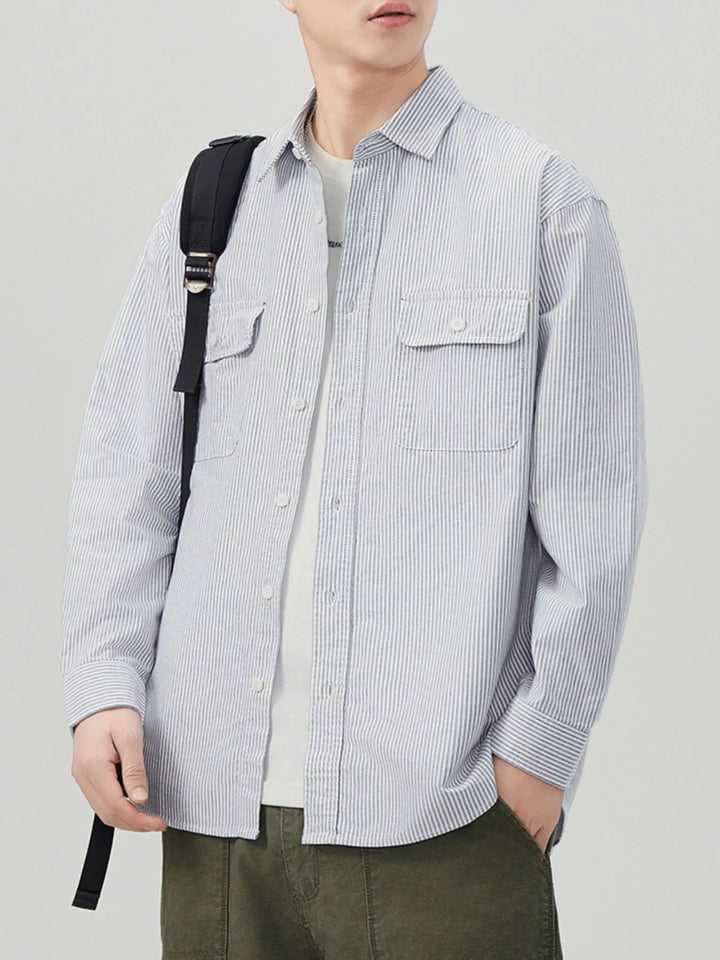 Men's Plus Size Striped Button Up Long Sleeve Shirt - cas7m