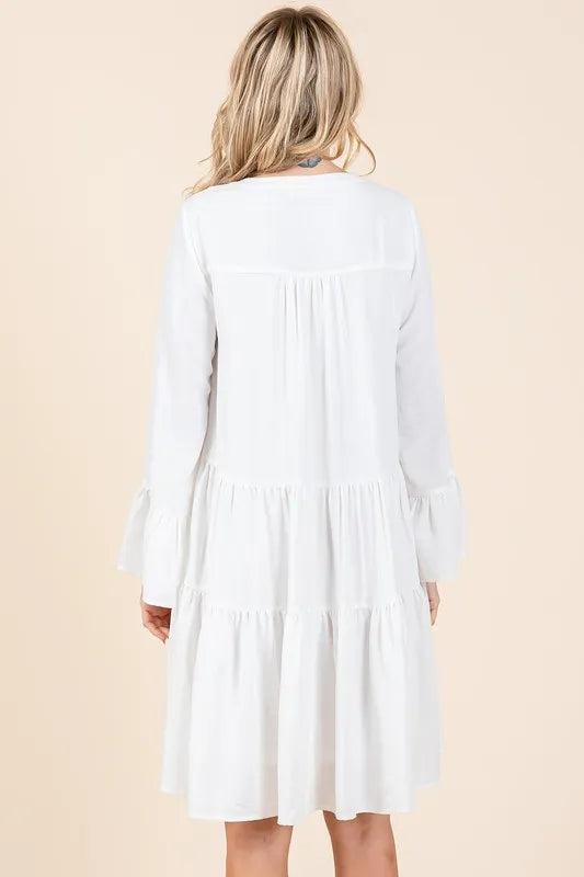 Mittoshop Tiered Notched Flare Sleeve Dress - cas7m