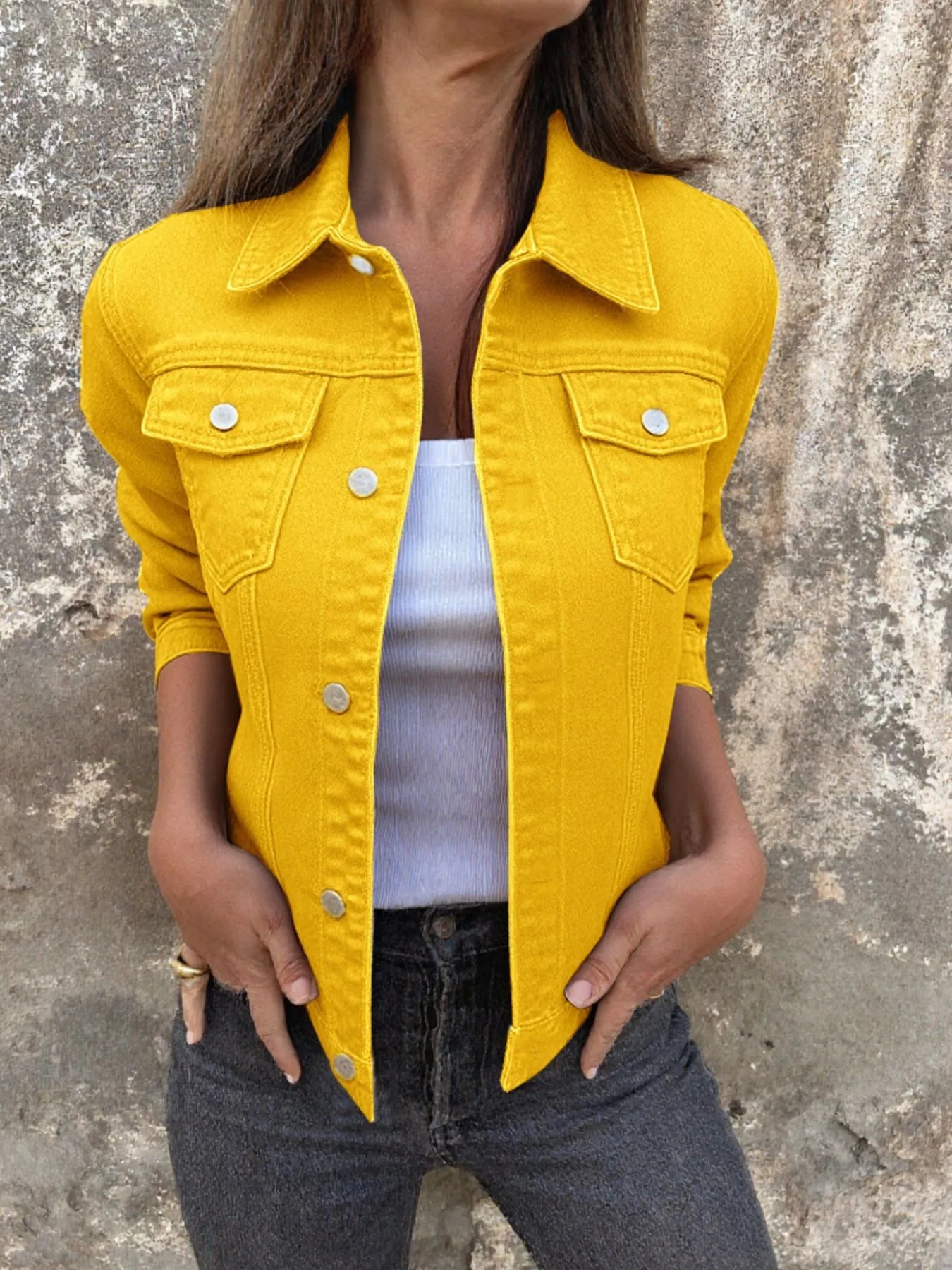 Button Front Closure Denim Jacket - cas7m
