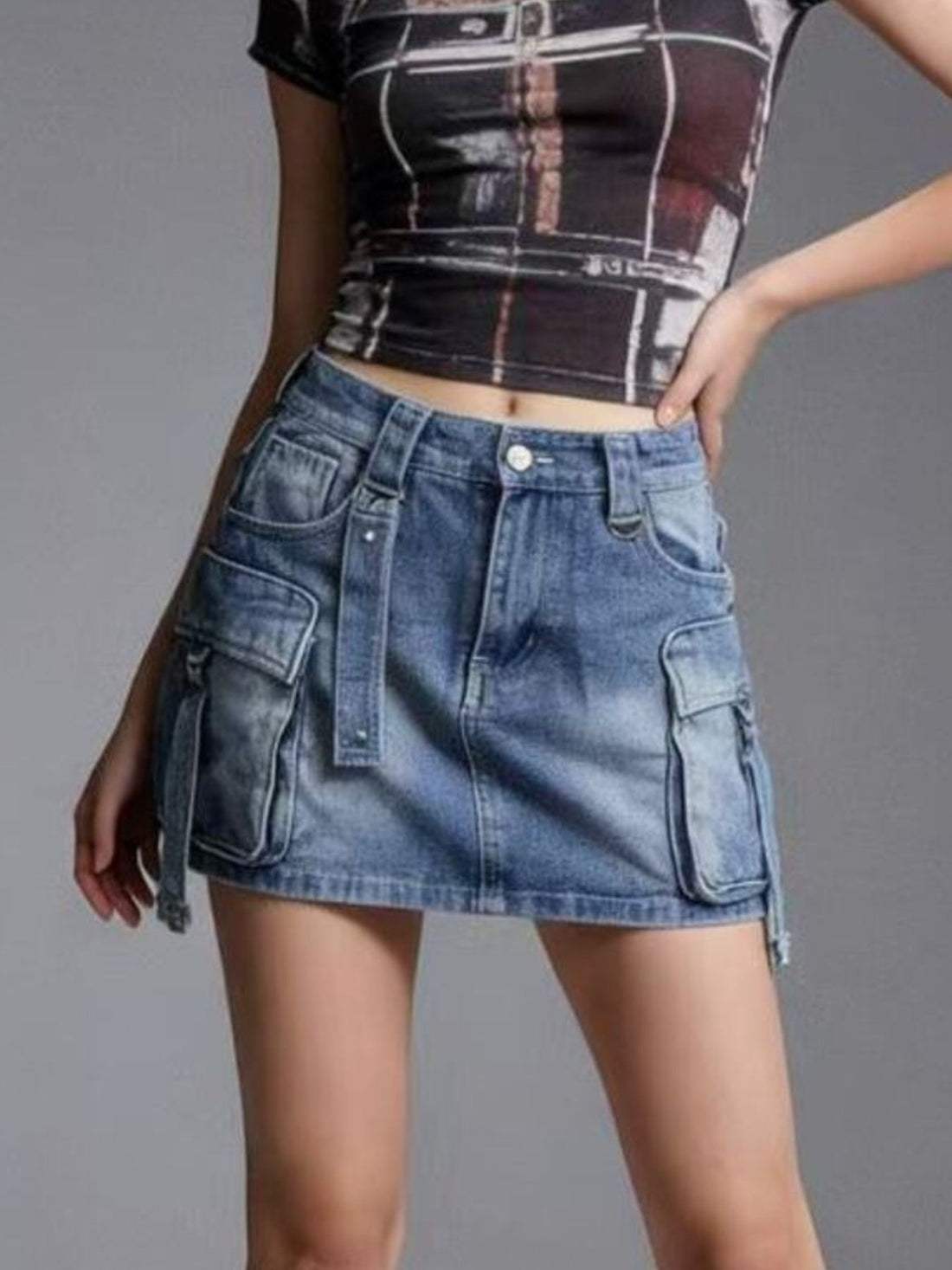 Washed Cargo Denim Skirt - cas7m