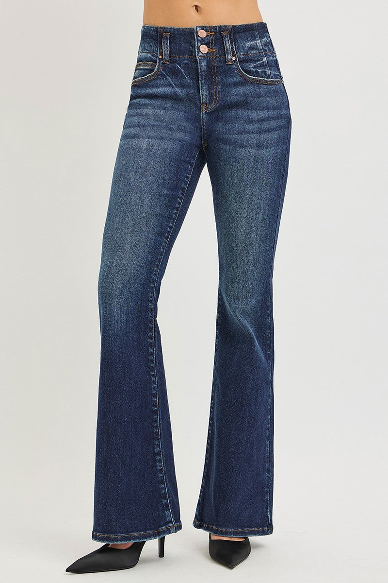 RISEN High Rise Flare Jeans With Seam Detail Waistband - cas7m