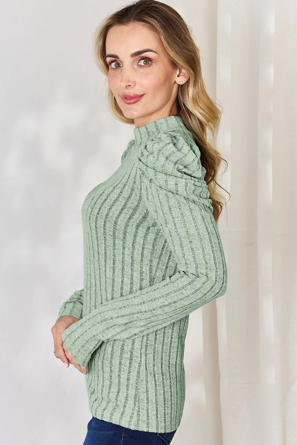 Basic Bae Full Size Ribbed Mock Neck Puff Sleeve T-Shirt - cas7m