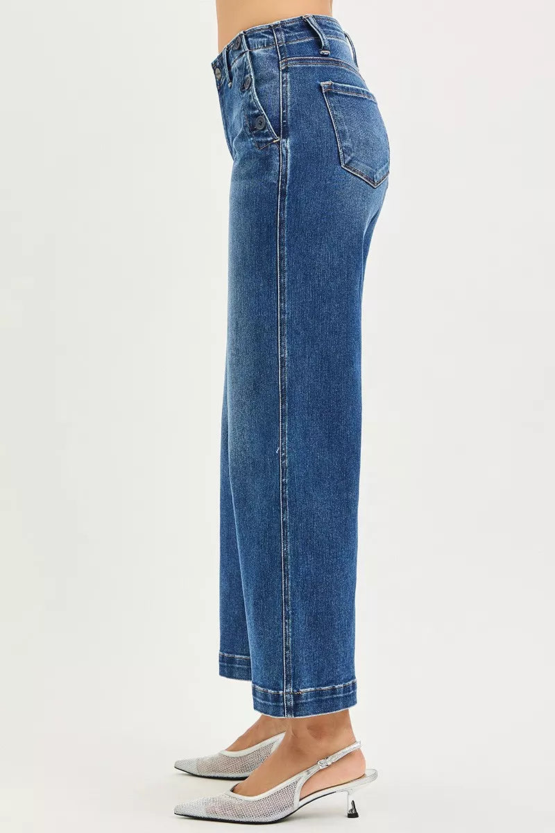 RISEN High Rise Wide Leg Jeans With Pocket Button Detail - cas7m