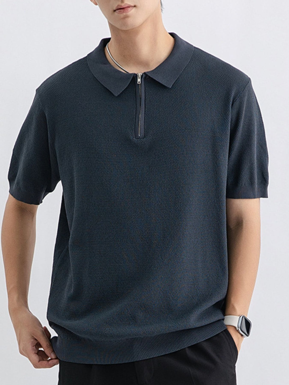 Men's Plus Size Textured Knit Zip-Up Polo - cas7m