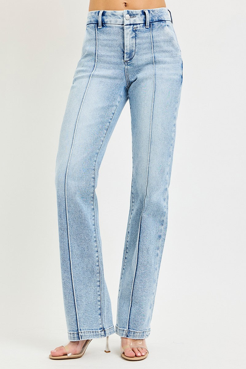 RISEN Tummy Control High Rise Straight Pin Tuck Jeans - cas7m