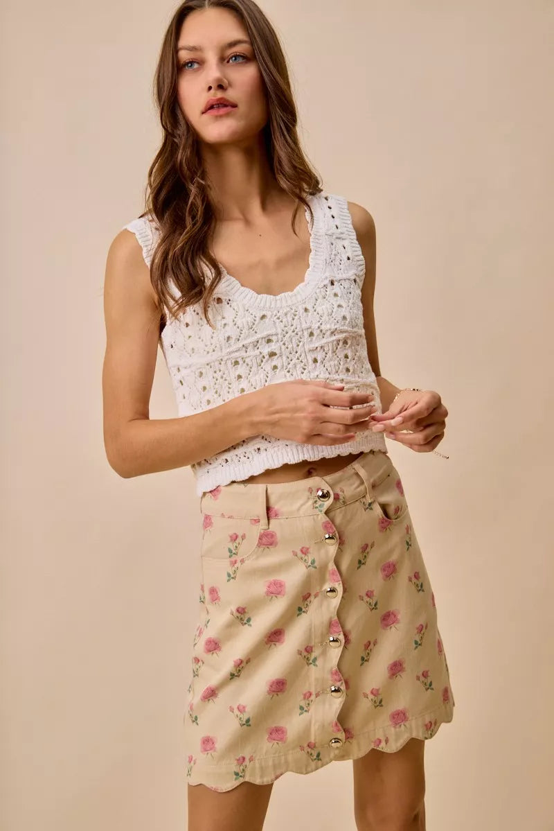 SO ME Floral Rose Print Cotton Twill Scallop Mini Skirt - cas7m
