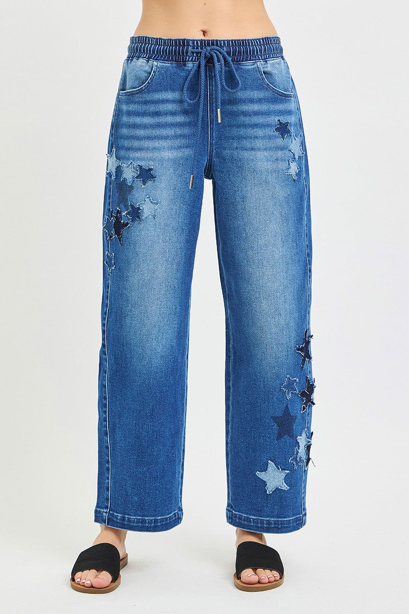 RISEN Elastic Band Slouchy Cropped Barrel with Star Patch - cas7m