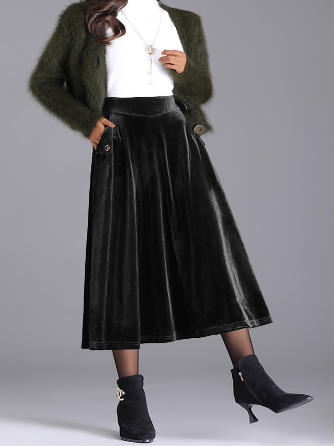 Plus Size Elegant Velvet A-Line Midi Skirt - cas7m
