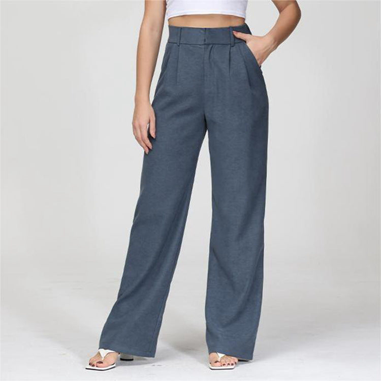 High Waist Straight Trousers With Pockets Wide Leg Casual Pants For Women - cas7m