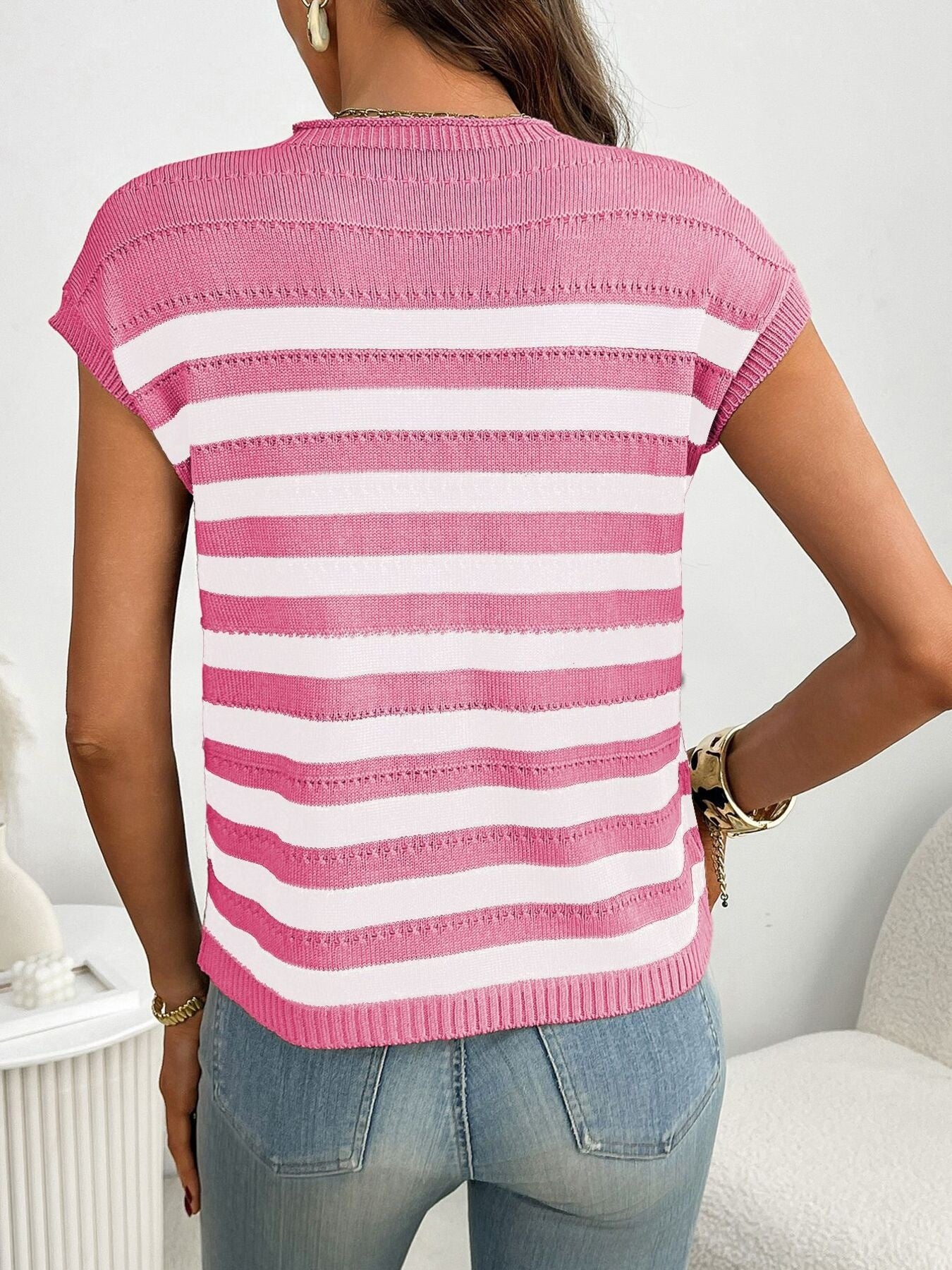 Striped Knit Pocket Detail Cap Sleeve Sweater - cas7m