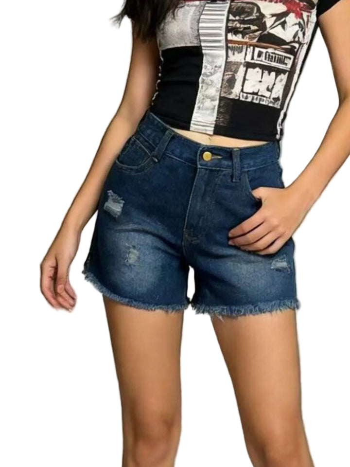 Distressed Frayed Hem Denim Shorts - cas7m