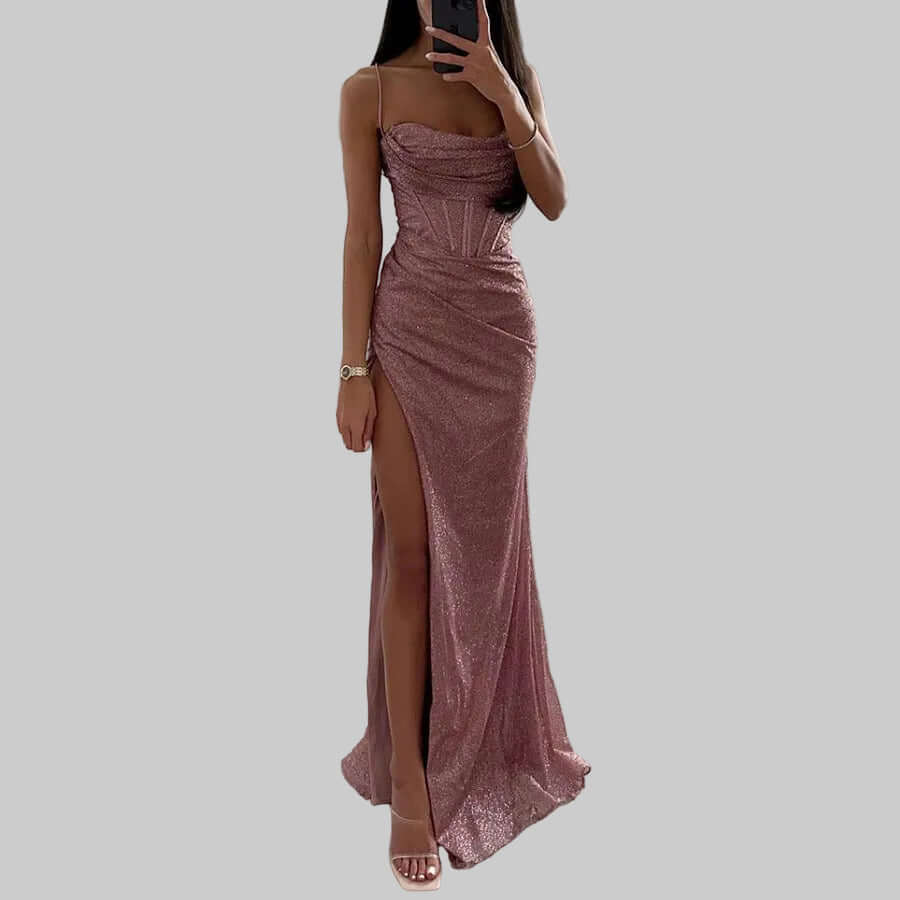Sexy Split Suspender Dress Fashion Evening Party Slim V-neck Long Dresses Summer Clothing For Women - cas7m