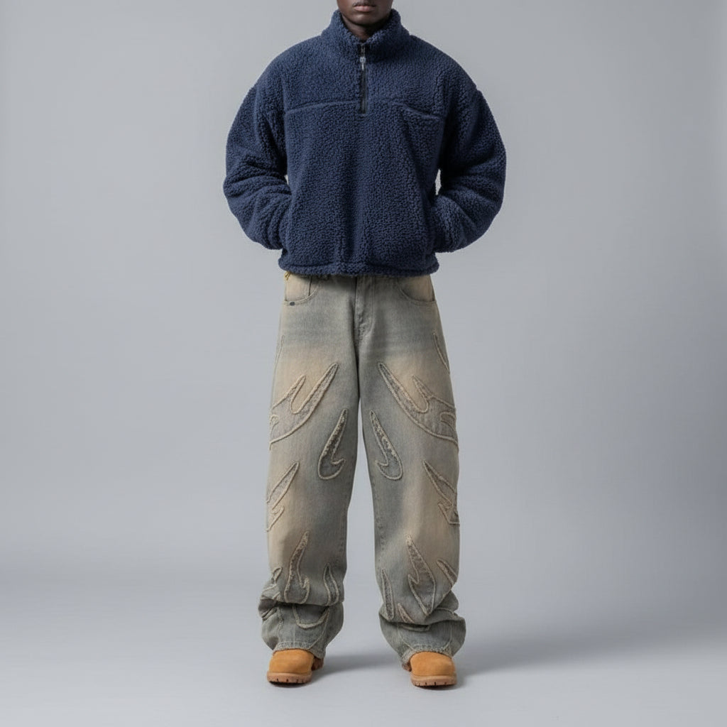 Loose Straight-leg Wide-leg Pants Mud Dyed Ripped Jeans For Men - cas7m