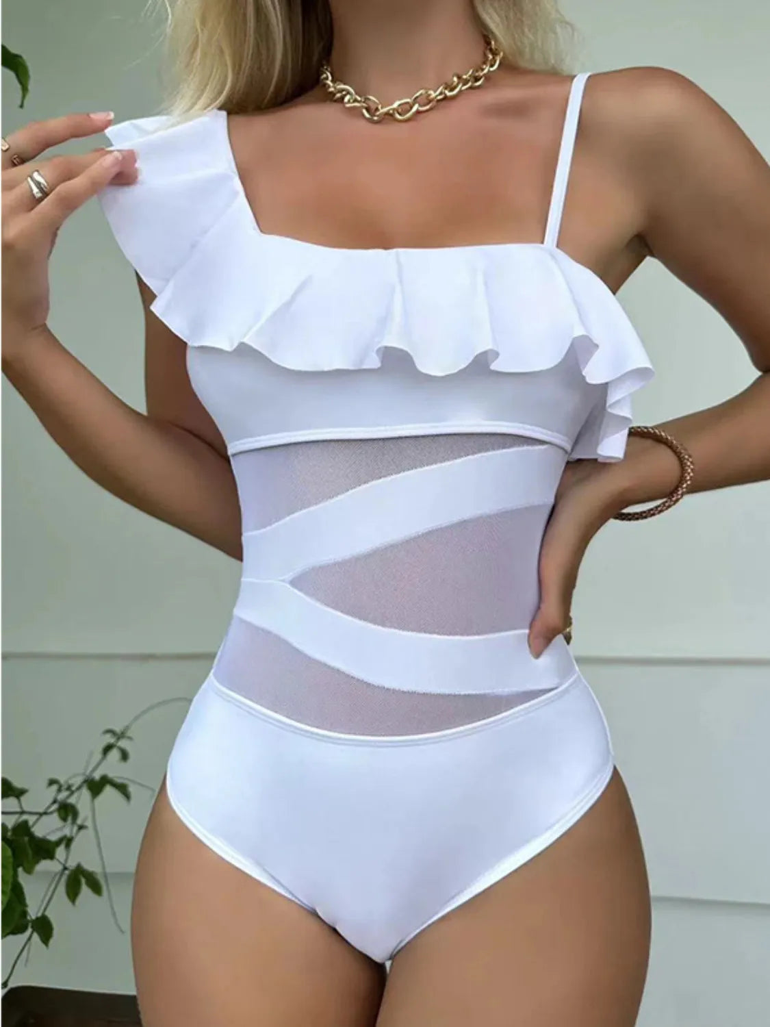Asymmetrical Ruffled One-Piece Swimwear - cas7m