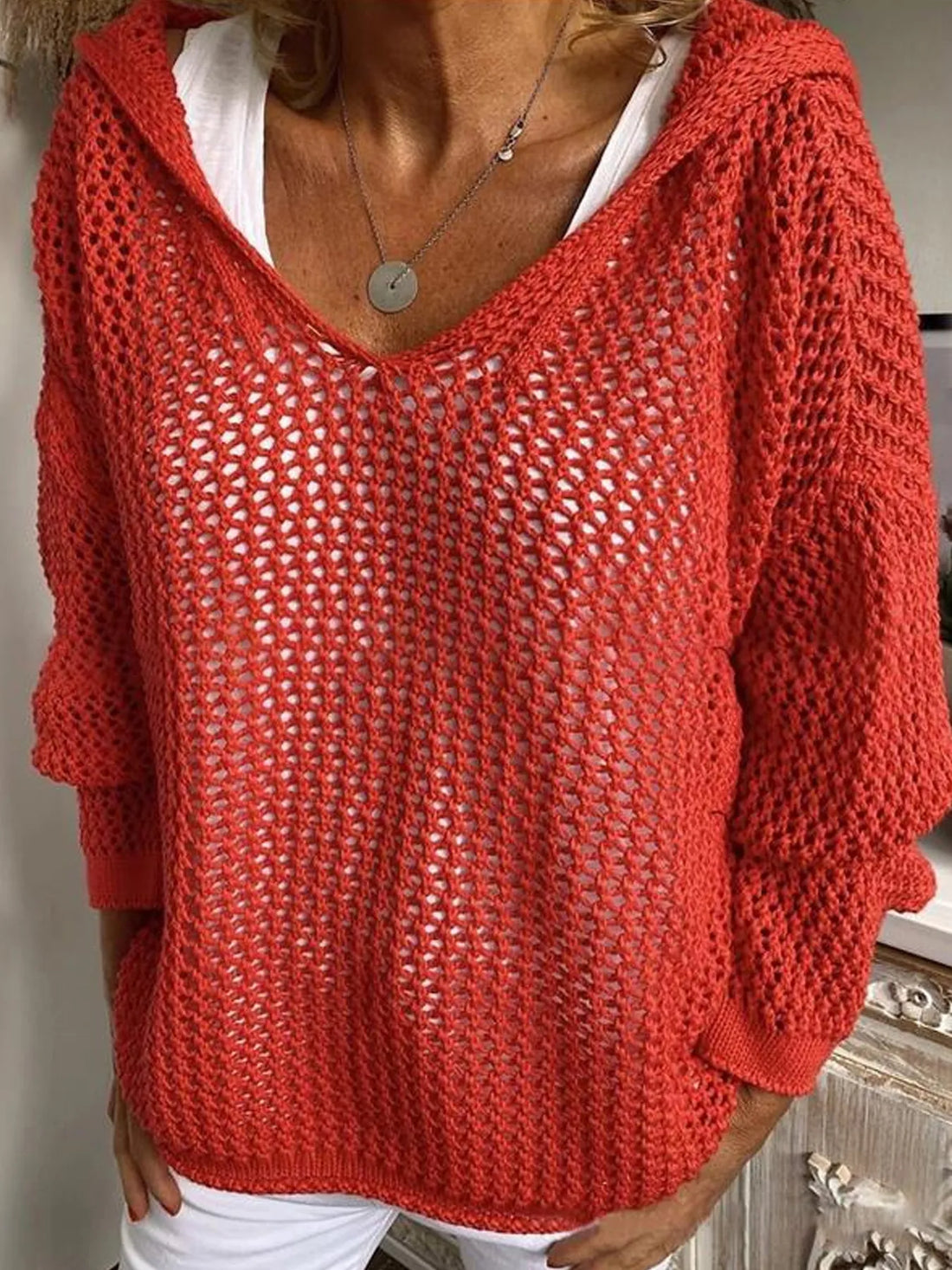 Openwork Long Sleeve Hooded Knit Cover Up - cas7m